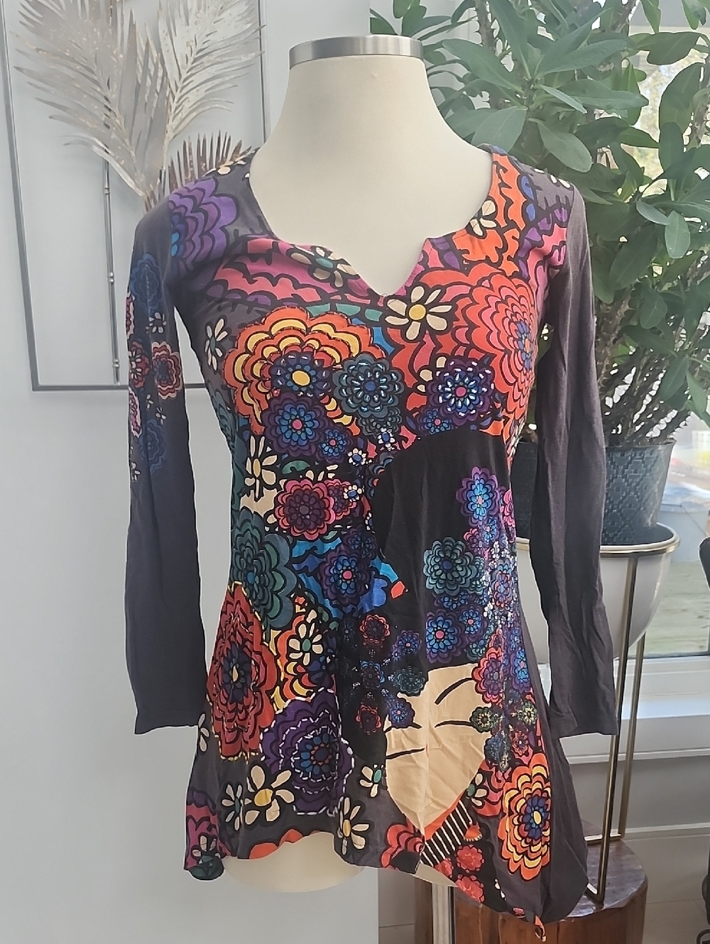 Desigual Multicolor Floral-Print Long Sleeve V-Notch Top/dress Y2K